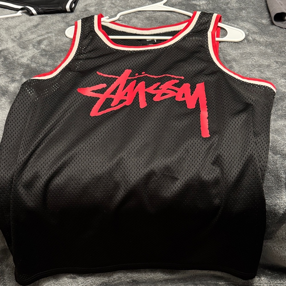 Stussy Black Mesh Tank with Red Logo
